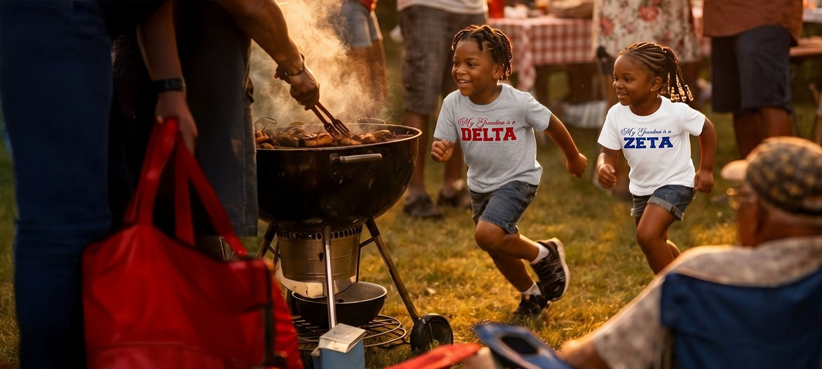 Kids at a family cookout in custom Laron Wear tees